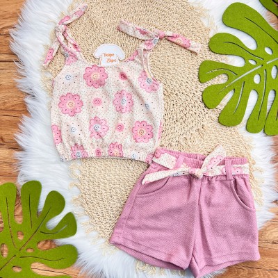 Conj. Regata Favinho Floral e Short em Linho - Rose